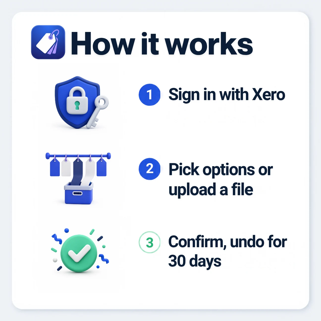 How it works: sign in with Xero, pick options or upload a file, confirm with undo for 30 days.