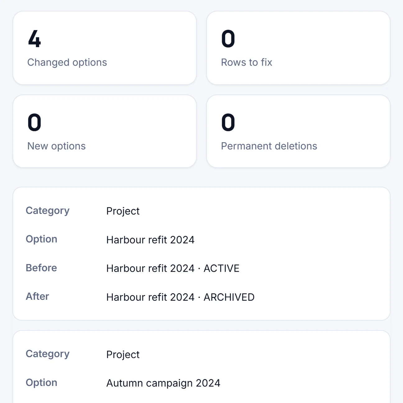 Real Trackfold preview with sample data: each chosen option with its status before and after, and the phrase to type.