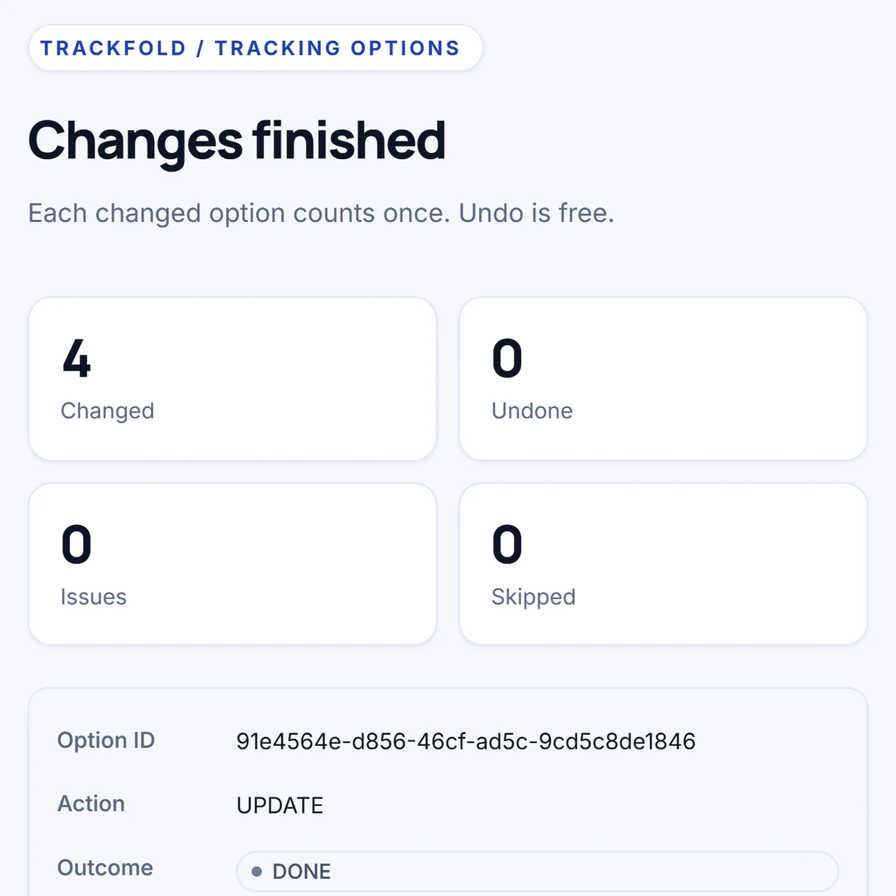 Real Trackfold result with sample data: options changed, the result CSV and the Undo button.